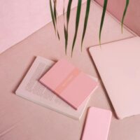 Modern flat lay of pink gadgets, books, and greenery on a pink sofa, creating a trendy workspace.